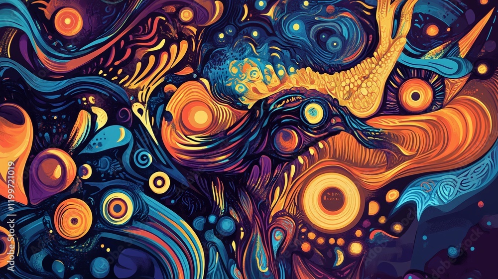 Aufkleber abstract flat vector art featuring layered gradients in vibrant hues and circular patterns.