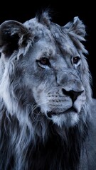 Majestic lion portrait against a dark background The powerful gaze and thick mane are striking