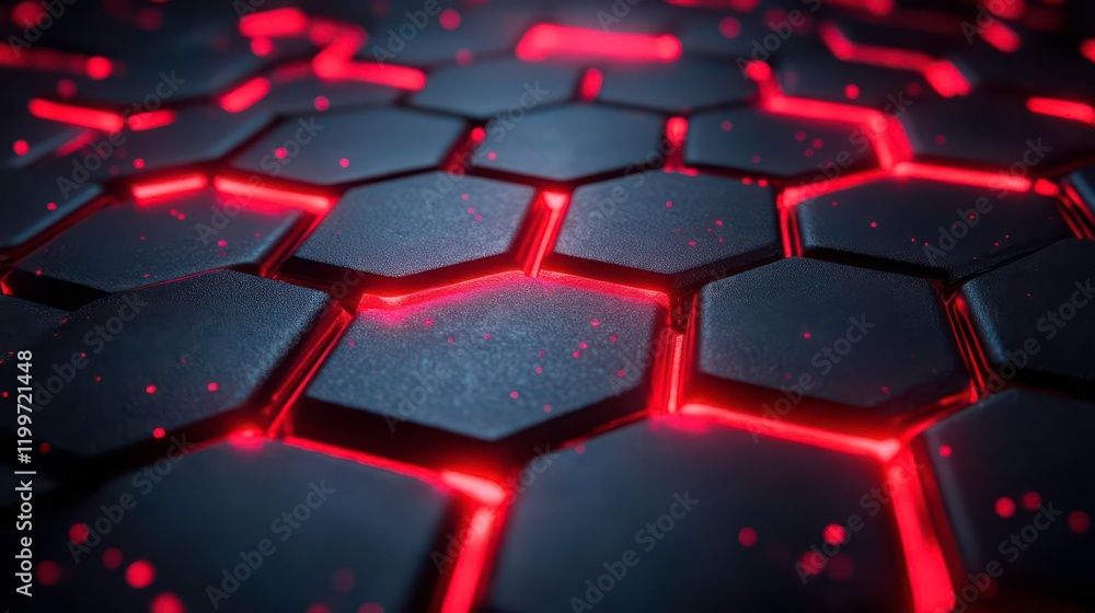 Aufkleber a close-up view of a hexagonal pattern illuminated by a vibrant red glow, creating a striking contra