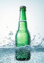 Refreshing Green Bottle Surrounded by Bubbling Water Splash with Droplets Capturing the Essence of Chilled Beverage in Crisp Summer Vibes