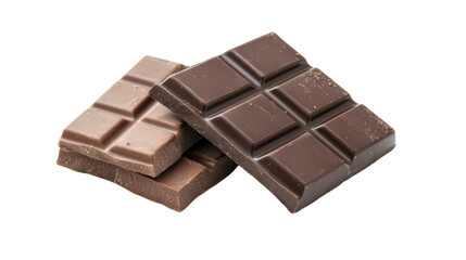 A delightful arrangement of dark and milk chocolate bars resting on a white background, showcasing their rich texture and tempting appearance.