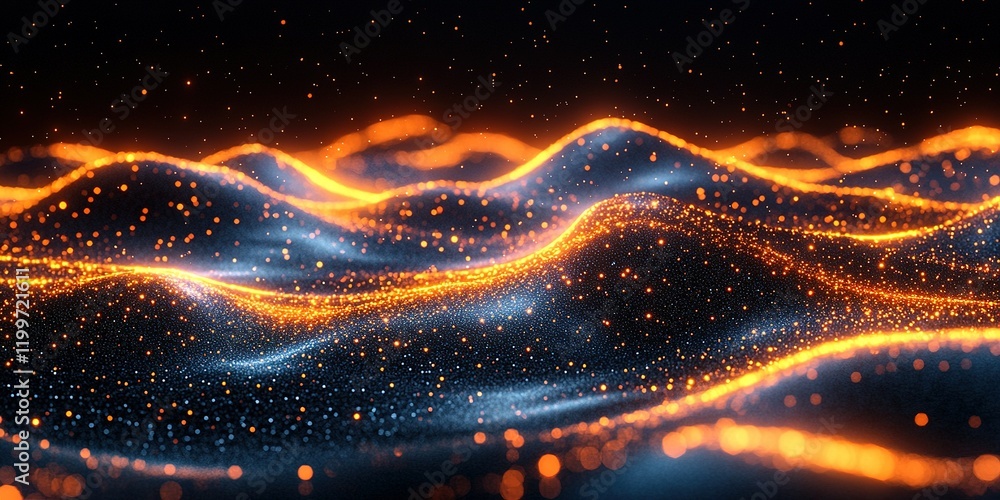 Poster waves of light and color create an abstract landscape in a digital universe filled with glowing part