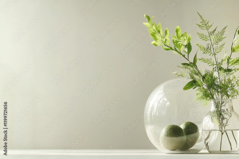 Aufkleber elegant display of green plants in glass vases on a minimalist table setting with neutral background