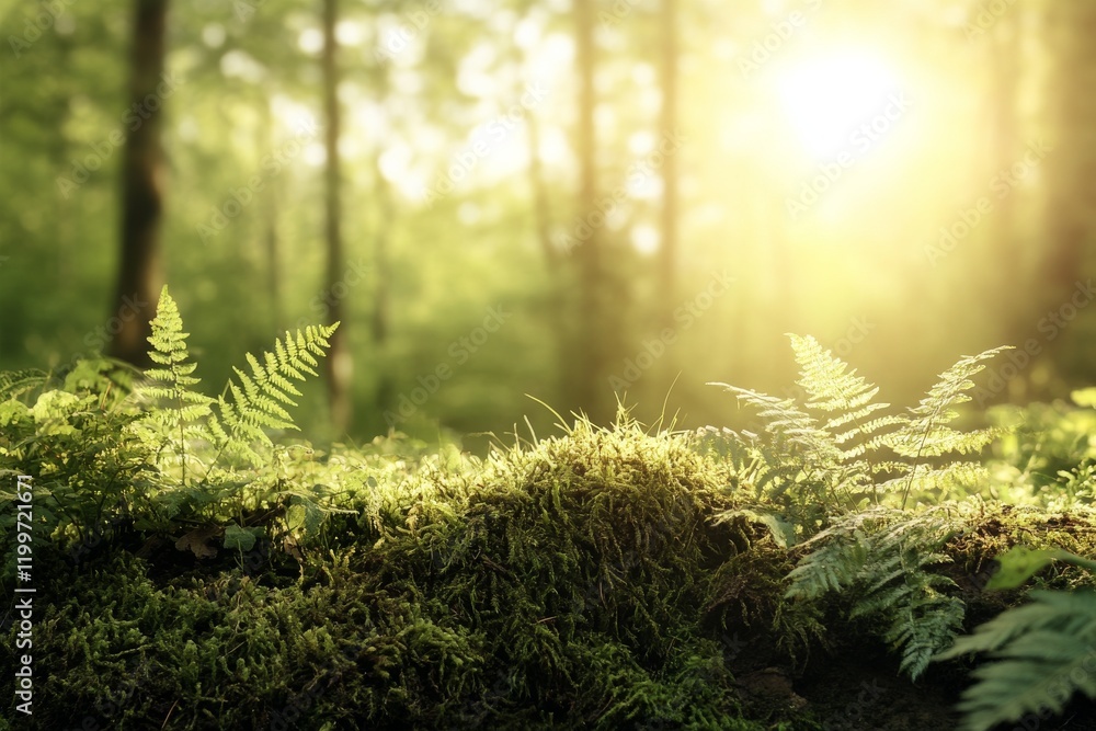 Poster sunlight filters through the trees illuminating ferns in a serene forest landscape