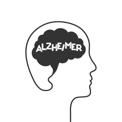 Alzheimer's disease concept with word, brain and head silhouette, face outline of a person. Mental disease and disorder, degenerative condition of the mind.
