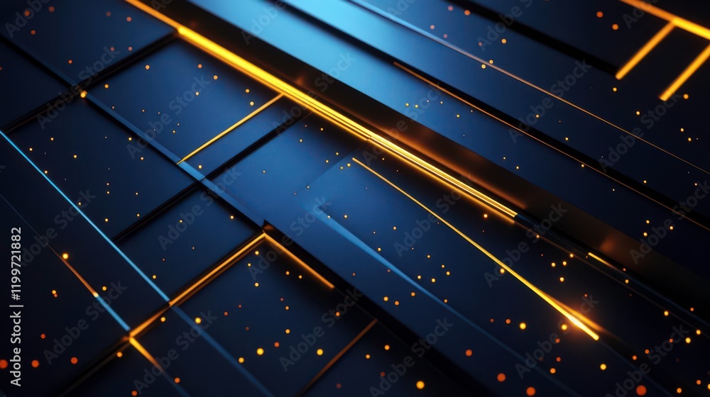 Poster a digital abstract design featuring blue and gold lines with glowing effects, creating a dynamic and