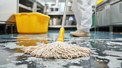 A professional cleaner uses a mop to clean the kitchen floor, removing any dirt and spills after cooking
