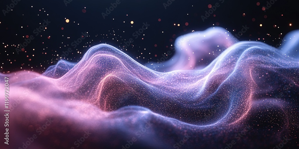 Poster Colorful abstract wave patterns with glowing particles in dark space create a dynamic visual experience