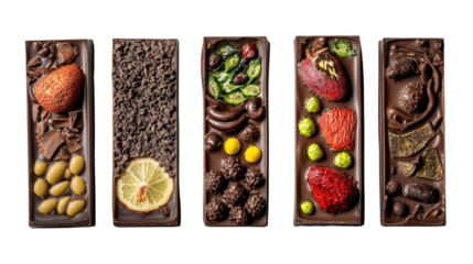 Artfully arranged chocolate bars featuring various toppings like fruits, nuts, and herbs, set against a white background for a premium feel.