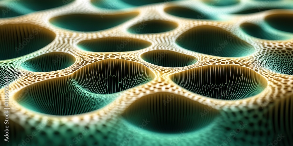 Poster intricate patterns of a microscopic cellular structure showcasing organic forms and textures in vibr