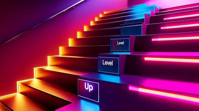 A staircase with neon lights and signs that say "up" and "level"