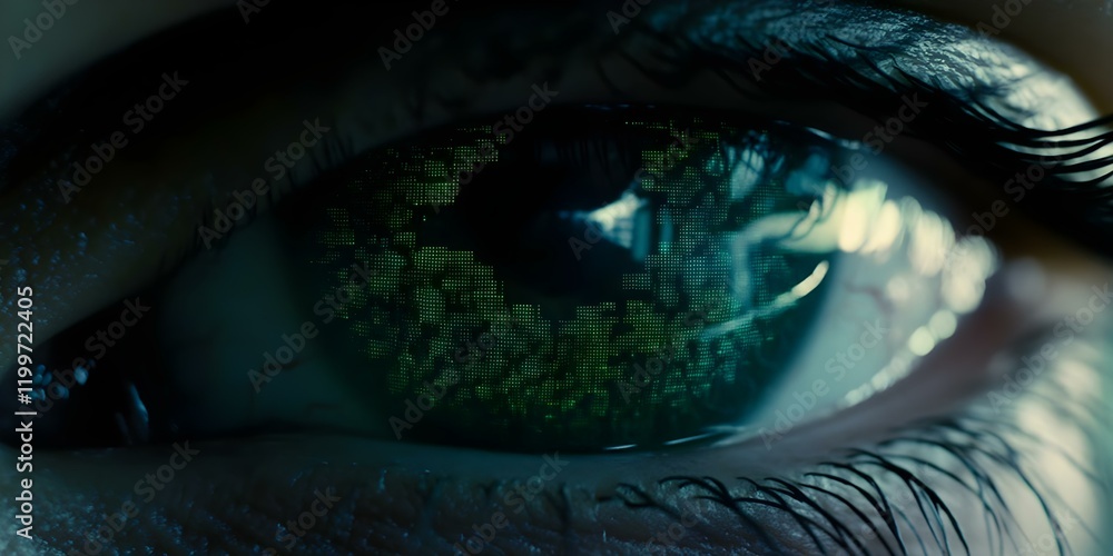 Poster a close-up of an eye with a digital pattern reflected in it, suggesting a blend of human and technol