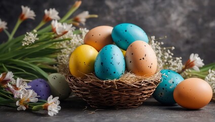 Obraz premium Easter background. eggs and flowers. Background with copy space 
