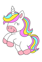 Cute White Unicorn with rainbow hair vector illustration for children design. Sweet fantasy character for t-shirts and cards. Rainbow and love