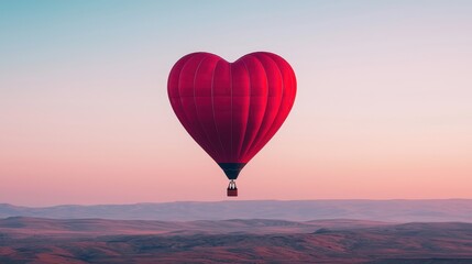 Obraz premium Heart Shaped Hot Air Balloon Floating Above Scenic Landscape at Sunrise