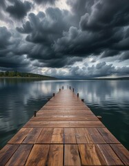 Fototapeta premium A long wooden dock stretches out into a lake with dark clouds looming above it, wooden, lake, peaceful