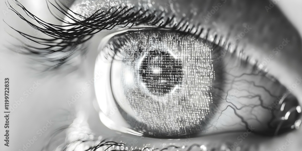 Poster a close-up of an eye with a digital, binary code effect, blending technology and natural features se
