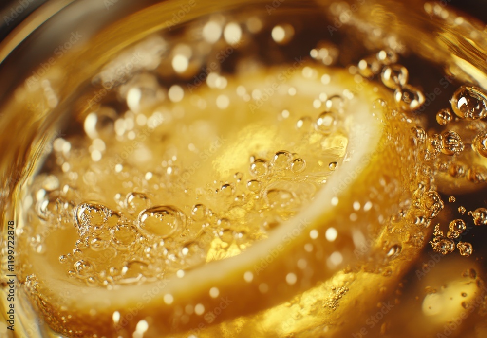Poster refreshing lemon slice floating in sparkling beverage with bubbles, capturing the essence of summer 