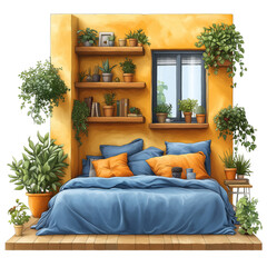Cozy Balcony Bedroom Retreat: A digital illustration of a serene bedroom scene on a balcony.