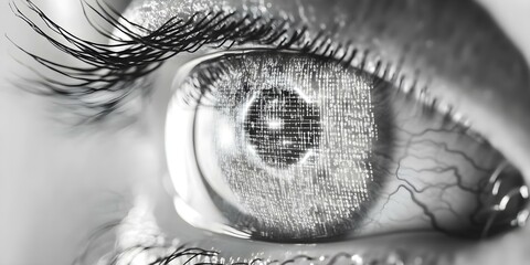 A close-up of an eye with a digital, binary code effect, blending technology and natural features seamlessly. Concept Digital Eye Art, Binary Code Integration, Technology Meets Nature
