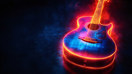 A guitar with neon glow effect on a dark background representing the concept like rock and night club party, musical banner concept with copy space for text, logo, ad