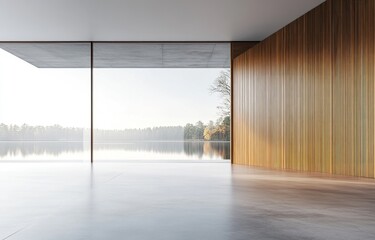Modern minimalist room with lake view.
