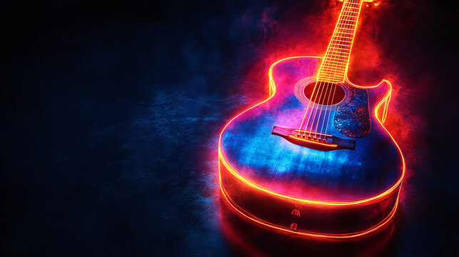 A guitar with neon glow effect on a dark background representing the concept like rock and night club party, musical banner concept with copy space for text, logo, ad	 - Powered by Adobe