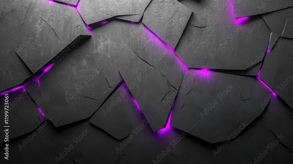 Poster a textured black surface featuring jagged cracks illuminated by vibrant purple light, creating a str