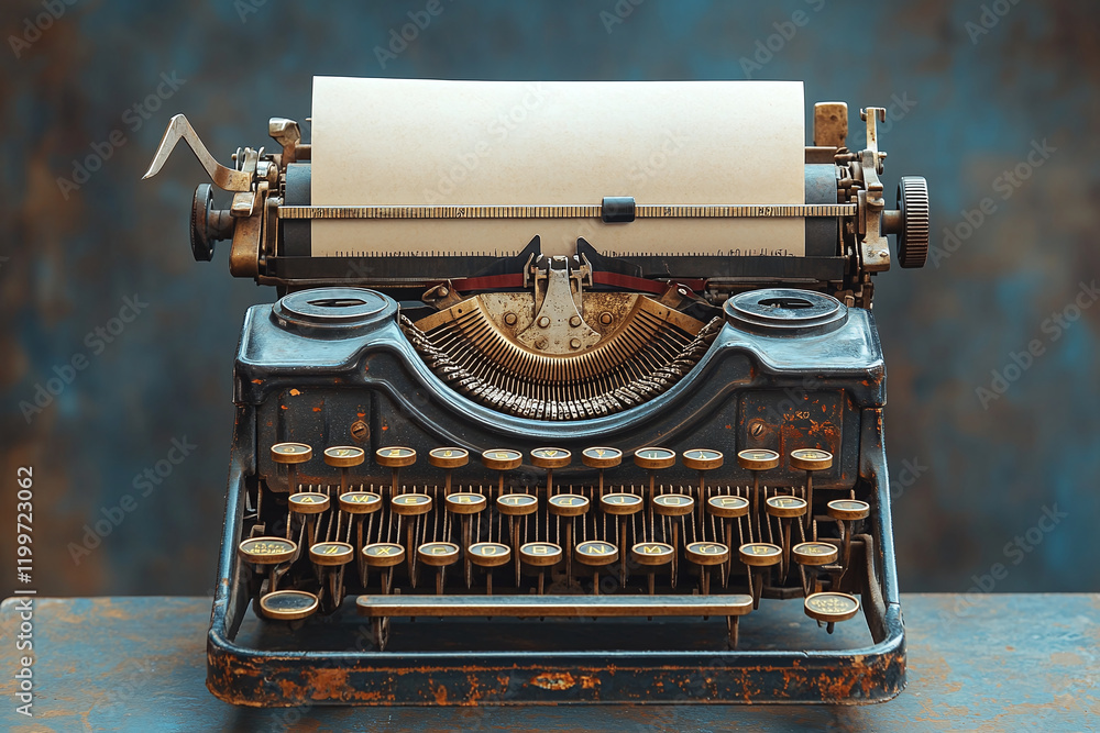 Fototapete vintage typewriter with blanc sheet of paper in the carriage on rustic background.
