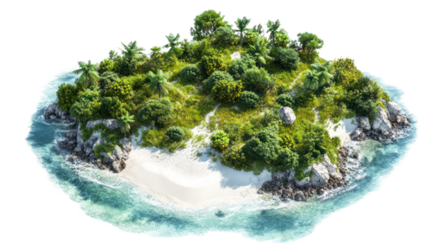 A stunning tropical island surrounded by clear blue water, featuring lush green vegetation and pristine white sand beaches, perfect for vacation getaways.