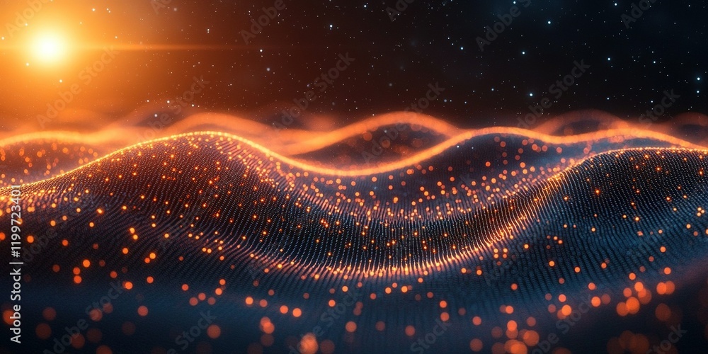 Aufkleber glowing particles create a mesmerizing wave pattern in a dark cosmic landscape during a vibrant sunr