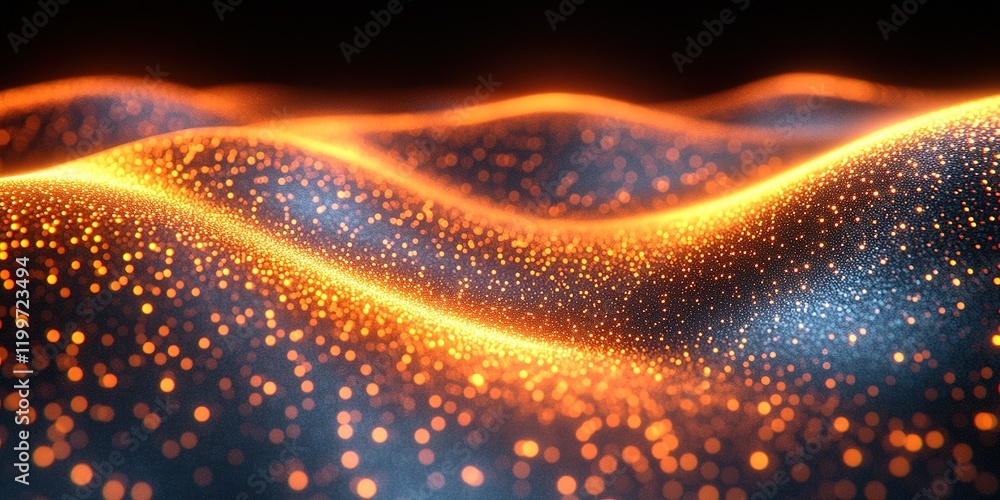Poster glowing waves of golden particles under dark background create an abstract landscape of shimmering l