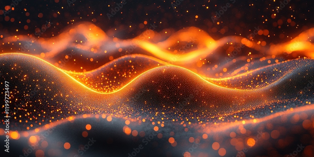 Poster abstract representation of flowing lava with glowing particles in a dark environment