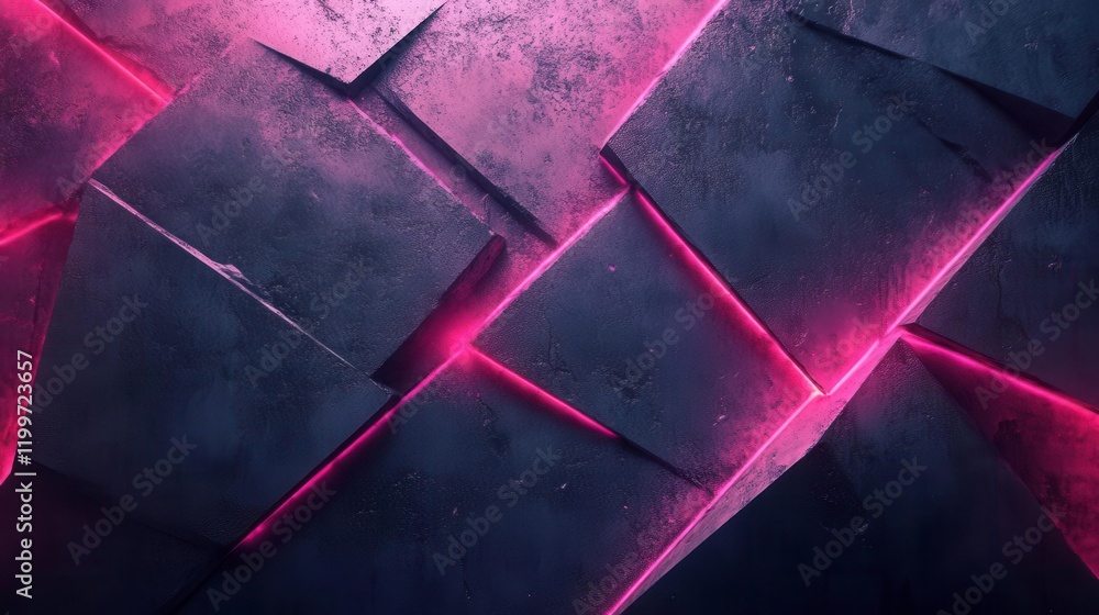 Poster a textured surface of dark blocks illuminated by vibrant pink light, creating a futuristic and dynam