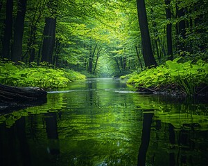Fototapeta premium Serene forest stream reflecting lush greenery.