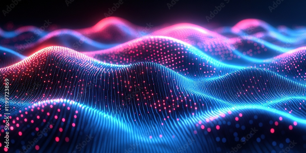 Poster colorful wave patterns illuminated by lights create a vivid digital landscape for abstract backgroun