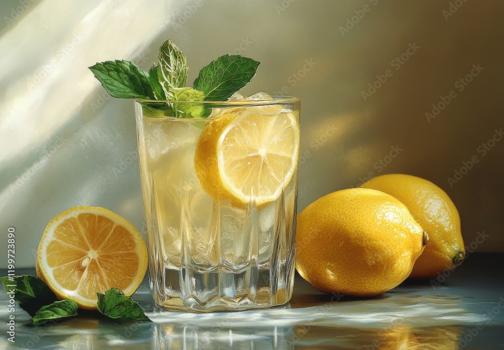 Poster refreshing lemonade with fresh mint and slices of lemon in a glass setting with soft lighting and ri