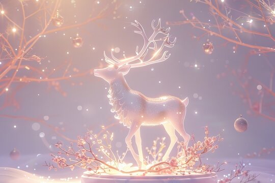 Holy light, crystal white deer, very detailed 3d animation,super clear, transparent, focusing light, optics, realism, Twig Christmas bell ornamentsred podium, pale violet background magic, fantasy,  - Powered by Adobe