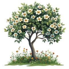 Blooming Springtime Tree: A whimsical depiction of a blossoming tree adorned with delicate white flowers, showcasing the vibrant beauty of spring. The tree stands tall and proud.