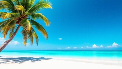 Fototapeta premium Tropical Beach with Palm Tree, Clear Sky, and Turquoise Ocean