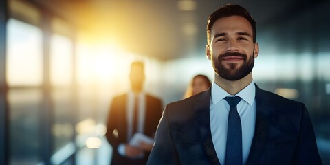 Fototapeta premium A confident man in a suit smiling, with two blurred figures behind him and bright sunlight streaming through a window. Concept Confident Businessman, Professional Attire, Blurred Background