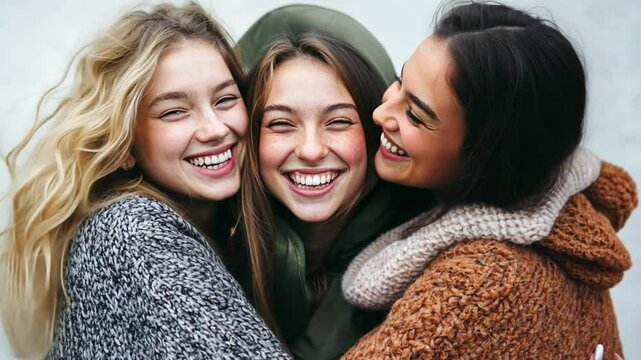 Unbreakable Bond: Three young women, radiating genuine joy and laughter, embrace each other in a heartwarming display of friendship, showcasing the power of close-knit connections.  