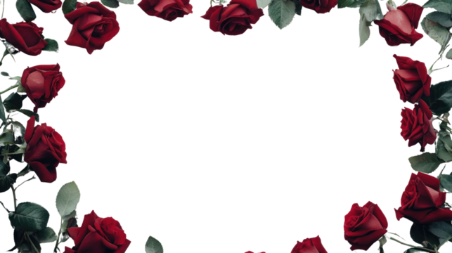 Elegant arrangement of red roses framing a blank space. Perfect for romantic or floral-themed designs, invitations, or decorative elements.