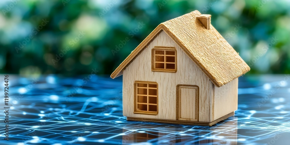 Poster a small wooden model house is placed on a surface with a blue circuit-like pattern, suggesting a ble