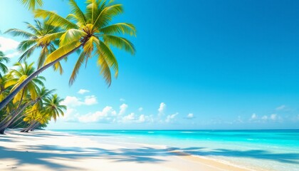 Obraz premium Tropical Beach with Palm Tree, Clear Sky, and Turquoise Ocean