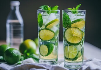 Fototapeta premium Refreshing Mint and Lime Beverage Served in Tall Glasses with Ice, Surrounded by Fresh Limes and a Water Bottle, Perfect for Summer Gatherings and Chill Out Moments