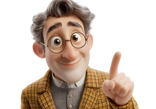 Smiling adult man pointing finger at blank space, 3D cartoon character. Transparent background. Cutout