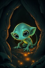 Green Baby Alien in Mysterious Cave