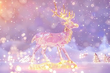 Holy light, crystal white deer, very detailed 3d animation,super clear, transparent, focusing light, optics, realism, Shatterproof Christmas bell ornamentsred podium, pale violet background 