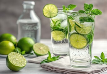 Refreshing Mint Lime Drink with Slices of Lime and Fresh Mint Leaves in Stylish Glasses on a Bright Background with Green Limes and Water Bottle